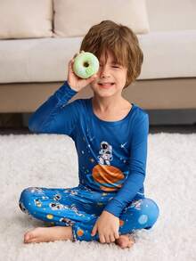 Conjuntos a juego ajustados de niño pequeño, manga larga con estampado de astronauta y cielo estrellado, parte superior y pantalones - Multicolor - Ver 8