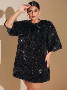 SHEIN BAE Vestido de fiesta de noche de mujer talla grande elegante y sexy de terciopelo negro con lentejuelas brillantes, cuello en V profundo, espalda descubierta, recto y suelto, vestido mini para fiesta de cumpleaños - Negro - Ver 7