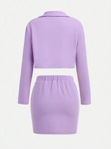 SHEIN 2pcs/Set Teen Girl Purple Lapel Crop Jacket & Mini Skirt Elegant Casual Outfit