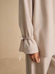 Poéselle Women's Solid Color Long Sleeve Knotted Cuff Open Front Jacket And Pocket Long Pants Casual Suit Set, Autumn/Winter - Khaki - View 7