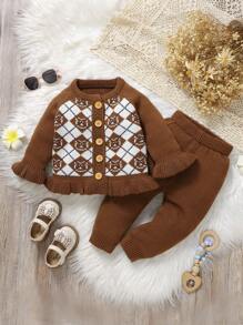 2 Stücke stilvoller Strick-Outfit für Kleinkind, vintage Blumen Jacquard Strickjacke mit Rüschen-Manschetten und lässige Hose, komfortables und modisches Set für Babys - Kaffeebraun - Übersicht 4