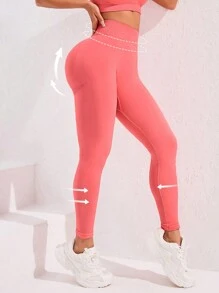 SHEIN Solid Color Waist Gathering Tight Pleated Sports Leggings, Casual Daily Wear