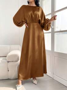 Modelyn 女士纯色圆领长袖休闲长裙长款晚礼服 - 駝色 - 查看 3