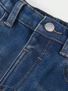 男童休闲保暖基本款猫须高弹力修身蓝色保暖内衬牛仔裤，适合男童秋冬季穿着 - 中等水洗藍 - 查看 4