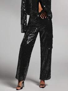 SHEIN BAE Quần ống đứng sequin thời trang nữ - màu đen - Xem 1