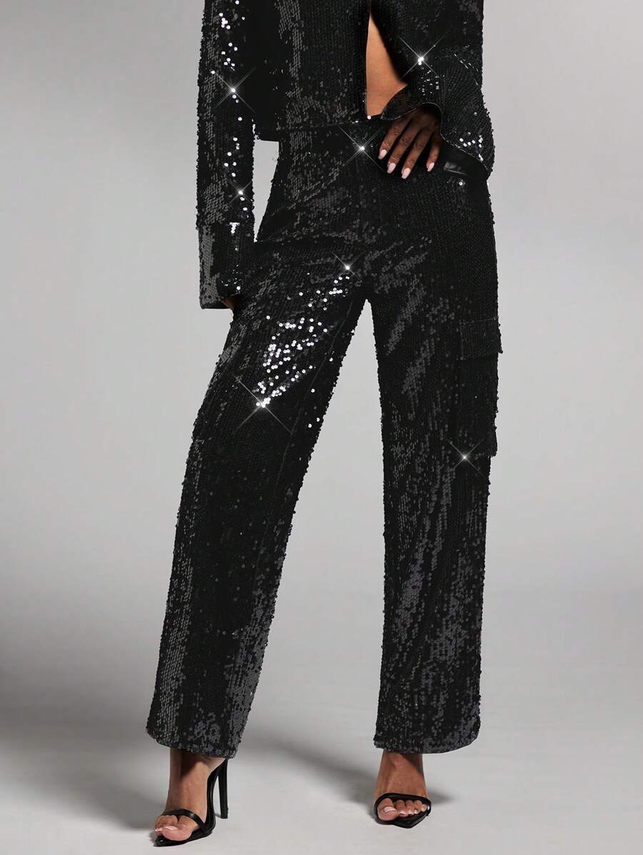 SHEIN BAE Quần ống đứng sequin thời trang nữ - màu đen - Xem 1