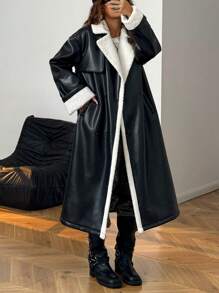 SHEIN EZwear Fashionable Thermal Lined Long Coat For Autumn/Winter - Black - View 1