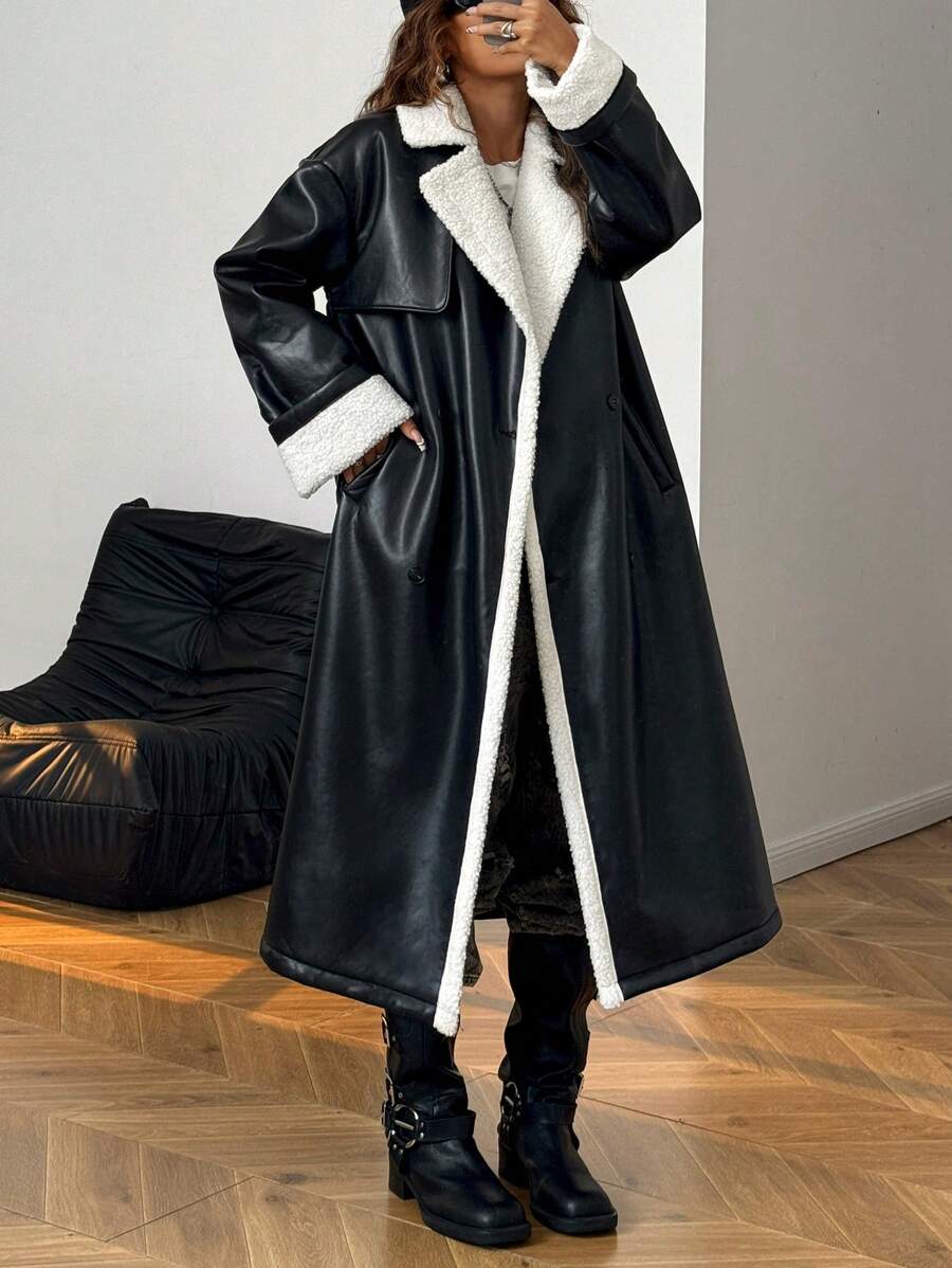 SHEIN EZwear Fashionable Thermal Lined Long Coat For Autumn/Winter - Black - View 1