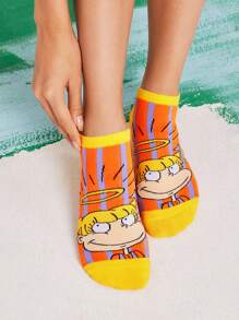 Nick 90s X SHEIN 3pairs Women's Cartoon Character Color Block Ankle Socks