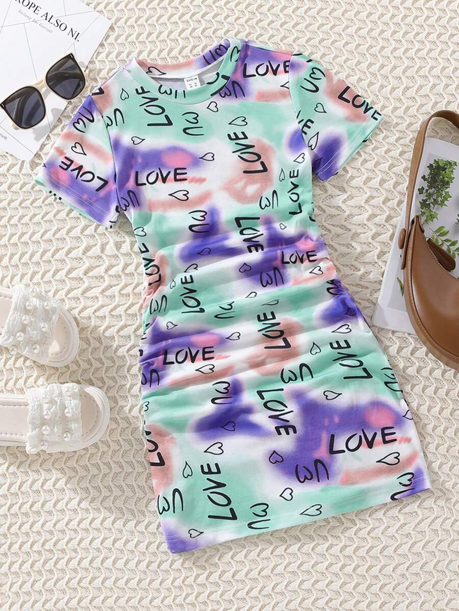 SHEIN Tween Girl Tie Dye Letter Graphic Ruched Side Tee Dress Summer Holiday - Multicolor - View 1