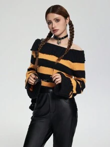 SHEIN Explorewe 1 件青少年女孩宽松圆领露肩两用针织毛衣，卷边喇叭袖口和破洞细节，橙色/黑色万圣节撞色，适合秋冬季，哥特式、时尚、标志性和街头风格，时尚短款宽松剪裁，非常适合休闲、旅行、聚会和派对场合 - 黑色 - 查看 3