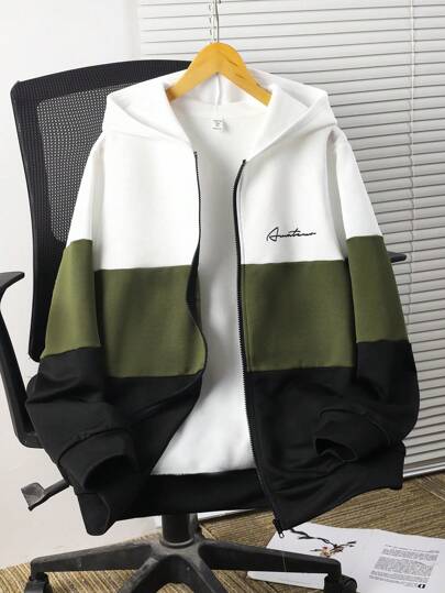 SHEIN Teen Boys Casual Loose Comfortable Versatile Contrast Color Patchwork Hoodie Jacket,In Fall/Winter