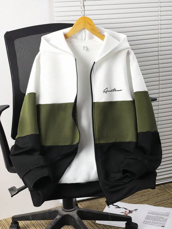 SHEIN Teen Boys Casual Loose Comfortable Versatile Contrast Color Patchwork Hoodie Jacket