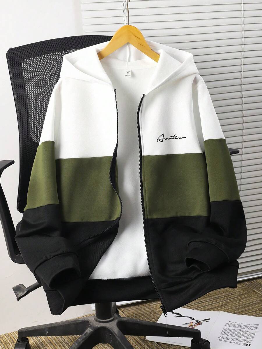 SHEIN Teen Boys Casual Loose Comfortable Versatile Contrast Color Patchwork Hoodie Jacket