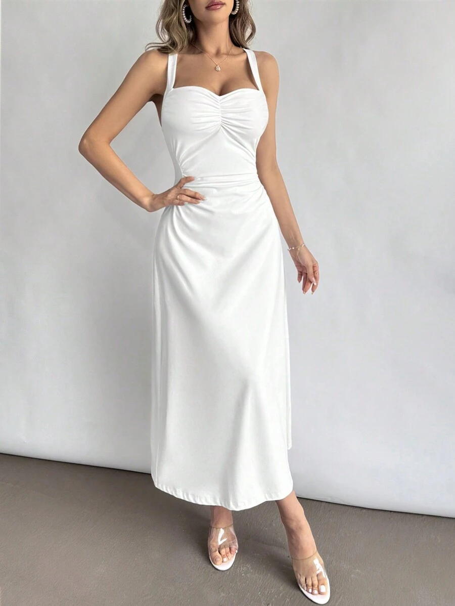 Firerie Vestido de Praia Feminino Simples, Elegante e Romântico para Férias, Encontros, Festas, Piqueniques e Camping. Vestido Branco com Decote em V, Design Plissado Ajustado no Corpo para Casamento, Noivado, Concertos, Festivais de Rave e Formatura. - Branco - Visão 1