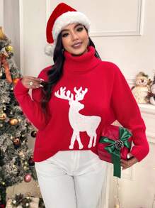 SHEIN LUNE Áo len rộng rãi cho nữ cỡ lớn cho Giáng sinh - Đỏ - Xem 4