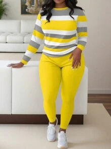 Maweii 2 件大码休闲条纹印花套装 - 彩色 - 查看 1