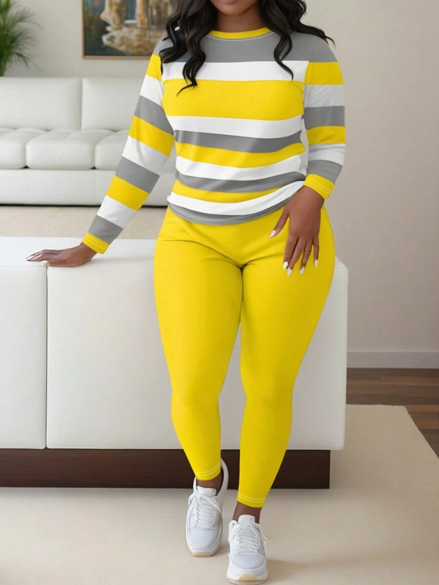 Maweii 2 件大码休闲条纹印花套装 - 彩色 - 查看 1