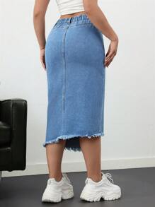 SHEIN Tall Women's Simple Casual Front Button Fringed Pocket Denim A-Line Skirt - Medium Wash - View 2