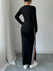 Selianne Vestido largo de mujer con cuello redondo, manga larga, abertura lateral única y diseño de parches en contraste de color - Negro - Ver 2