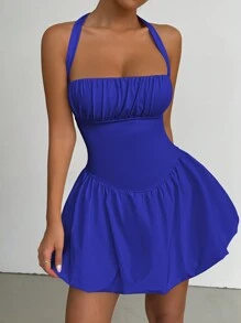 Allurite Váy Mini Xếp Ly Hở Lưng Mùa Hè Gợi Cảm Có Nếp Xếp Ly - Xanh đậm - Xem 5