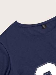 SHEIN Essnce Navy Blue Casual Minimalist No.98 Graphic Dropped Shoulder T-Shirt For Women, Summer Suitable For Going Out