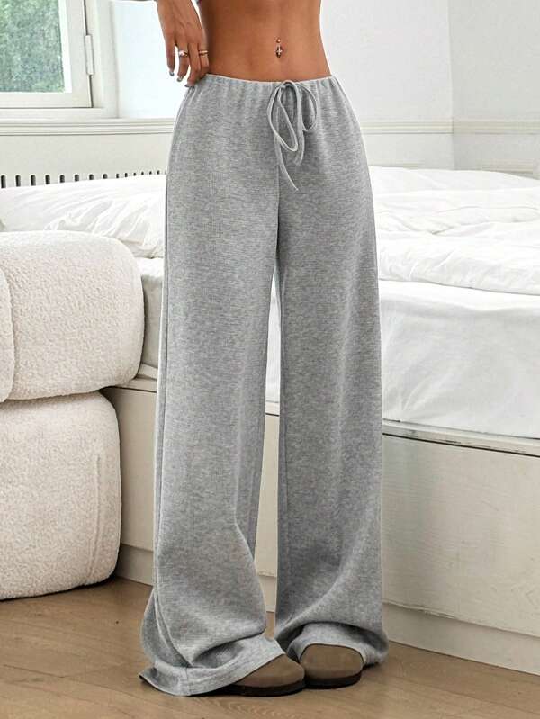SHEIN EZwear Pantaloni casual de damă cu șnur cu picior drept, îmbrăcăminte de stradă simplă de culoare uni