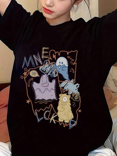 INAWLY Women's Casual Round Neck Monster Print Short Sleeve T-Shirt Graphic Tees Women Tops