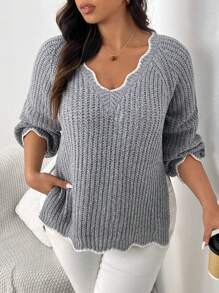 SHEIN Frenchy 大码 V 领波浪边不对称下摆套头衫 - 灰色 - 查看 5