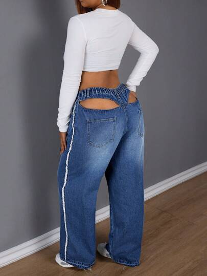 SHEIN SXY Plus Size Women's Ripped Pocket Wide Leg Loose Casual Versatile Jeans