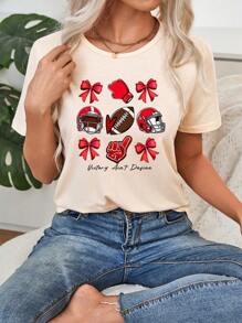 SHEIN LUNE Casual Minimalist Butterfly Football Graphic Round Neck Short Sleeve Loose T-Shirt For Women, Suitable For Summer, Cotton Included - Apricot - View 1