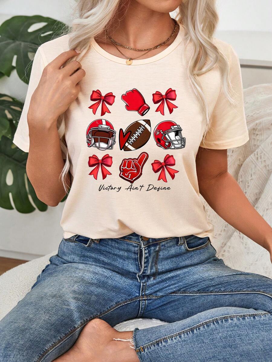 SHEIN LUNE Casual Minimalist Butterfly Football Graphic Round Neck Short Sleeve Loose T-Shirt For Women, Suitable For Summer, Cotton Included - Apricot - View 1