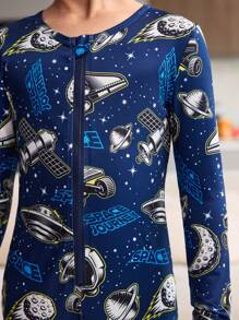 Tween Boy Luminous Starry Sky Print Snug Fit Pyjama Jumpsuit Vrijetijdskleding, Zwart, Lange Mouw