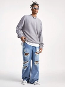 PAVTROS Quần Harem ống rộng rộng rãi màu xanh xám denim giặt dành cho nam - Màu xanh bụi bặm - Xem 3