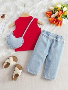 SHEIN Baby Girl Casual Solid Color Collar Top & Slogan Heart Printed Ripped Jeans Set, Spring Summer - Red - View 2