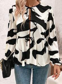 SHEIN Clasi Women's Casual Colorblock Printed Blouse, Spring Autumn Long Sleeve Shirt Tie Shirt Fall Women Clothes Fall Women Shirts Long Sleeve Women Blouses - Black and White - View 5