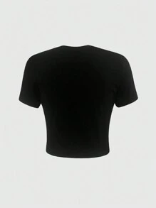 ROMWE Grunge Punk 女士字母眼睛印花短袖 T 恤，学校 - 黑色 - 查看 2