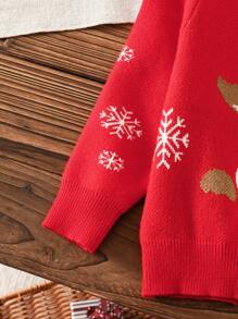 SHEIN Baby Girls' Round Neck Deer Pattern Sweater, Suitable For Family Gatherings, Outings, And Christmas,In Fall/Winter