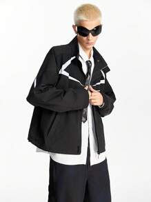 Manfinity VCAY Men's Street-Style Woven Panel Stand Collar Zip-Up Jacket, Suitable For Autumn/Winter - Black - View 9