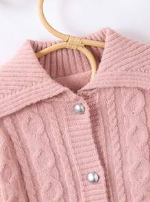 Girls Casual Versatile Retro Elegant Pink Cable Knit Design Warm V-Neck Button-Up Cardigan, Suitable For Daily Wear In Fall/Winter - Pink - View 5