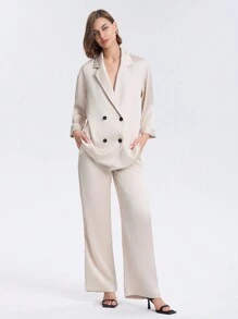 Textured Loose Solid Double Breasted Blazer Jacket And Pants Suit With Pockets, Elegant - Beige - View 1