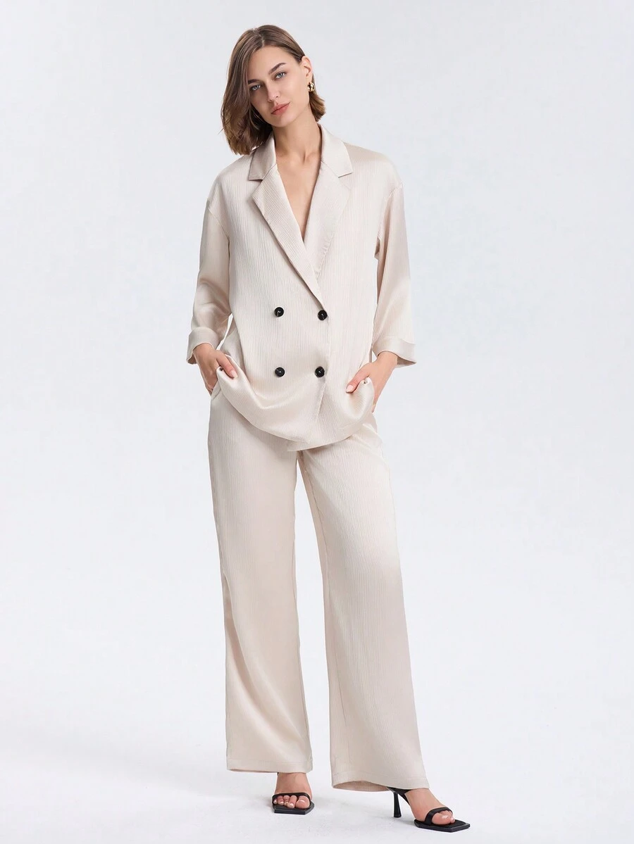 Textured Loose Solid Double Breasted Blazer Jacket And Pants Suit With Pockets, Elegant - Beige - View 1