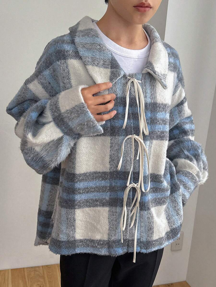 FRIFUL 女士休闲格子系带衬衫,秋冬,秋季女装长袖上衣 - 藍色 - 查看 1