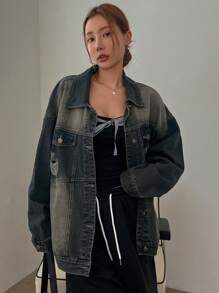 DAZY Women's Autumn/Winter Drop Shoulder Long Sleeve Distressed Washed Baggy Denim Jacket - Blue - View 1