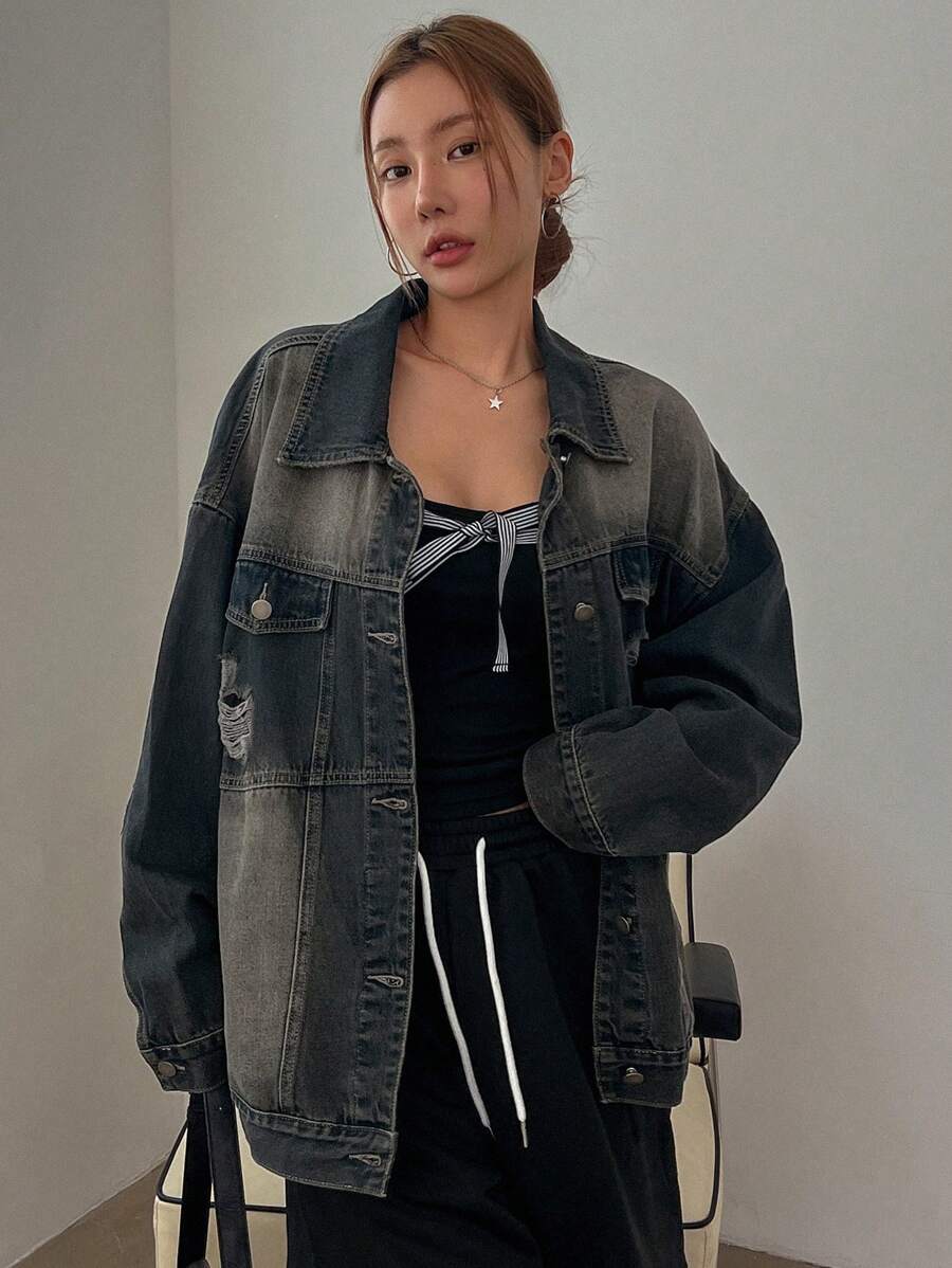 DAZY Women's Autumn/Winter Drop Shoulder Long Sleeve Distressed Washed Baggy Denim Jacket - Blue - View 1