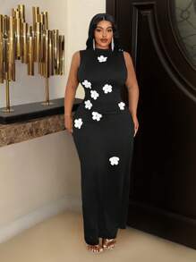 Slaydiva Váy thu họa tiết hoa không tay bó sát cỡ lớn thanh lịch màu đen - màu đen - Xem 1