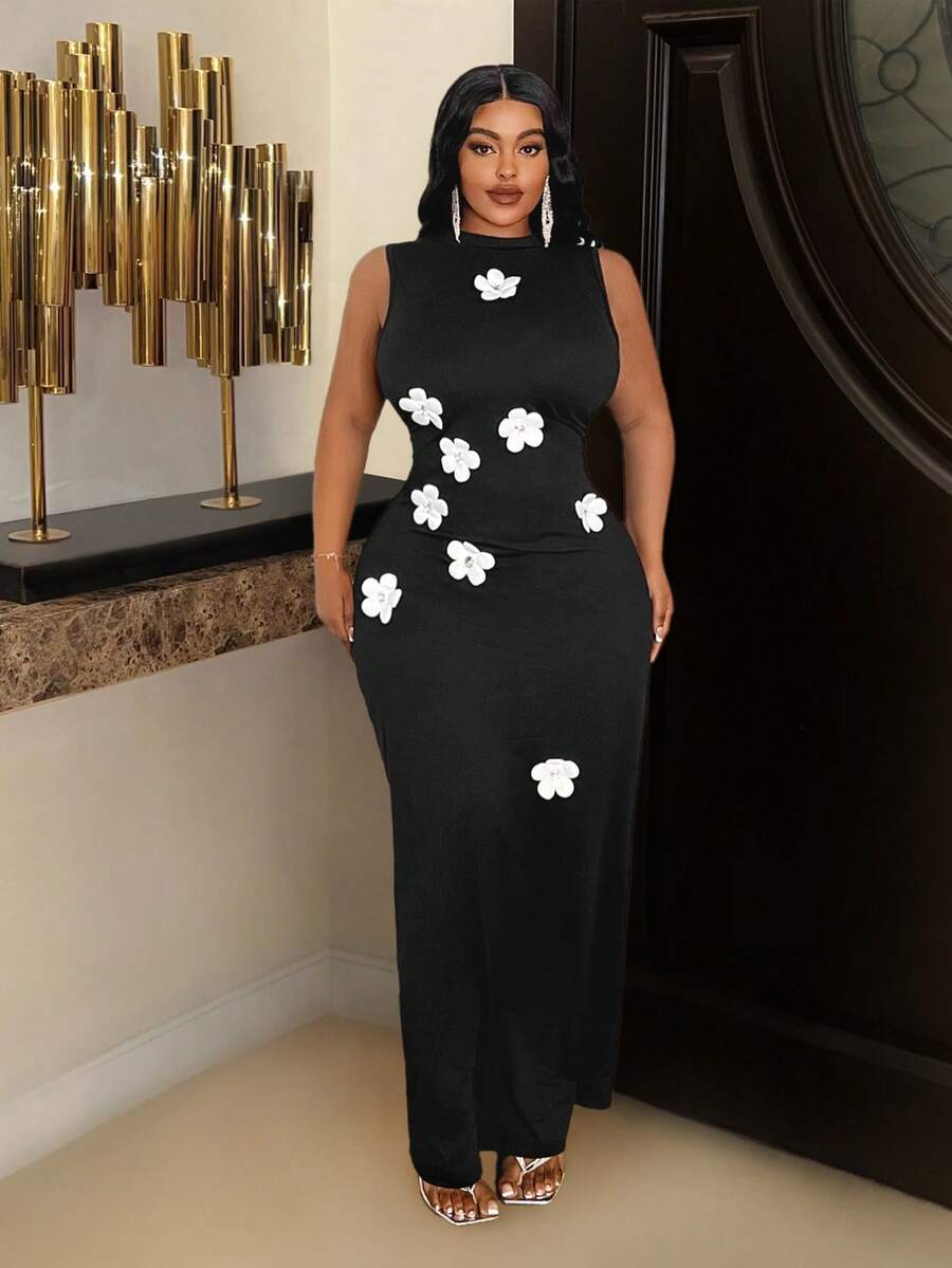 Slaydiva Váy thu họa tiết hoa không tay bó sát cỡ lớn thanh lịch màu đen - màu đen - Xem 1