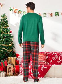 Manfinity Christmas Pattern Plaid Christmas Tree Print Long Sleeve Pajama Set For Men - Green - View 3