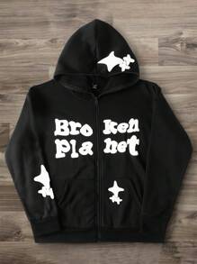 Manfinity EMRG sweat-shirt à capuche zippé avec imprimé slogan pour hommes, pour une utilisation casual, automne/hiver, sortie, manches longues, zip complet, idéal pour les amis, le mari, le petit-ami