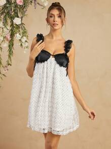 L'Amorae Satin Dotted Floral Mesh Babydoll Cami Dress